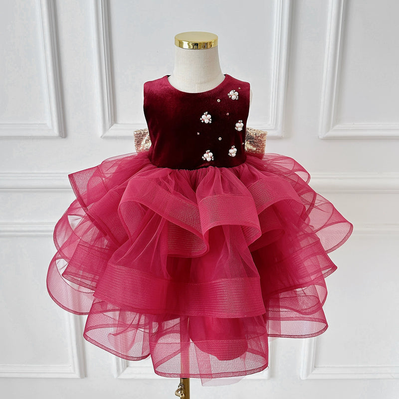 Girls Wine Red Velvet Dress Luxury Cake Dress Toddler Birthday Dress marryshe Girls Wine Red Velvet Dress Luxury Cake Dress Toddler Birthday Dress marryshe