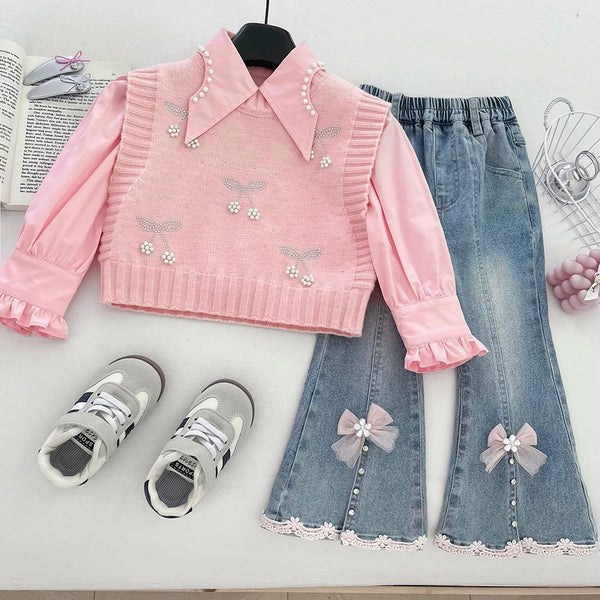 Girls' Beaded Shirt Knitted Vest Flared Jeans Three-Piece Set