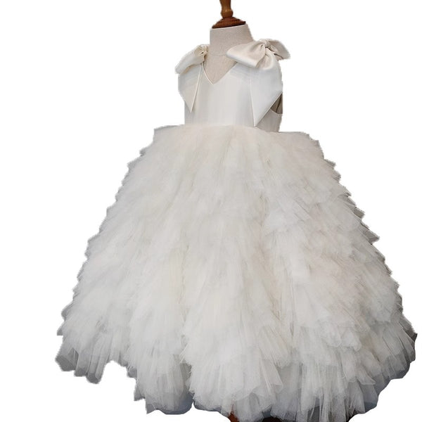 Elegant Baby Girls V-Neck Bow Sleeveless Puff Dress Toddler First Christening Dress