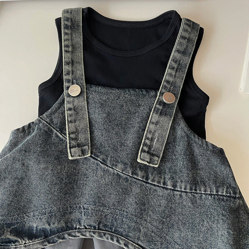 Girls Mesh Patchwork Denim Vest Suspender Skirt Two-piece Set