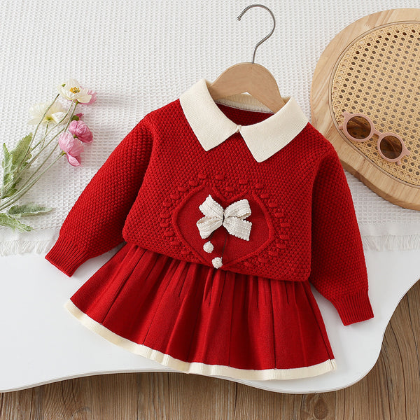 Girls' Solid Color Bow-knit Sweater Short Skirt Two-piece Set