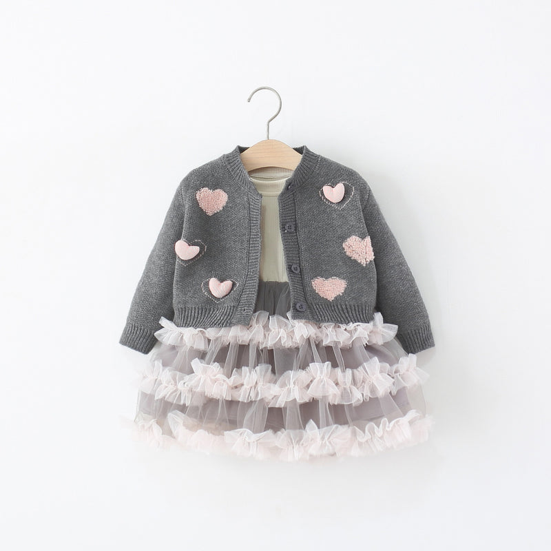 Girls Autumn Heart Sweater Cardigan Cake Princess Dress Two-Piece Set