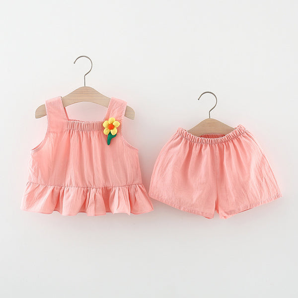 Summer Girls Solid Color Suspender Shorts Two Piece Set