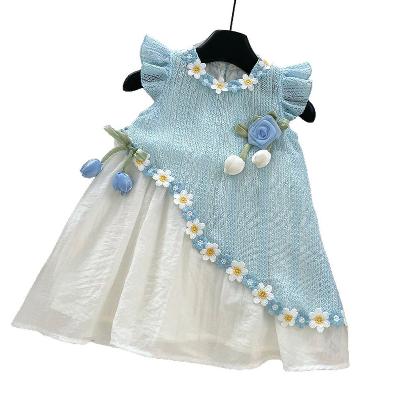 Girls Summer Flying Sleeve Lace Splicing Princess Dress