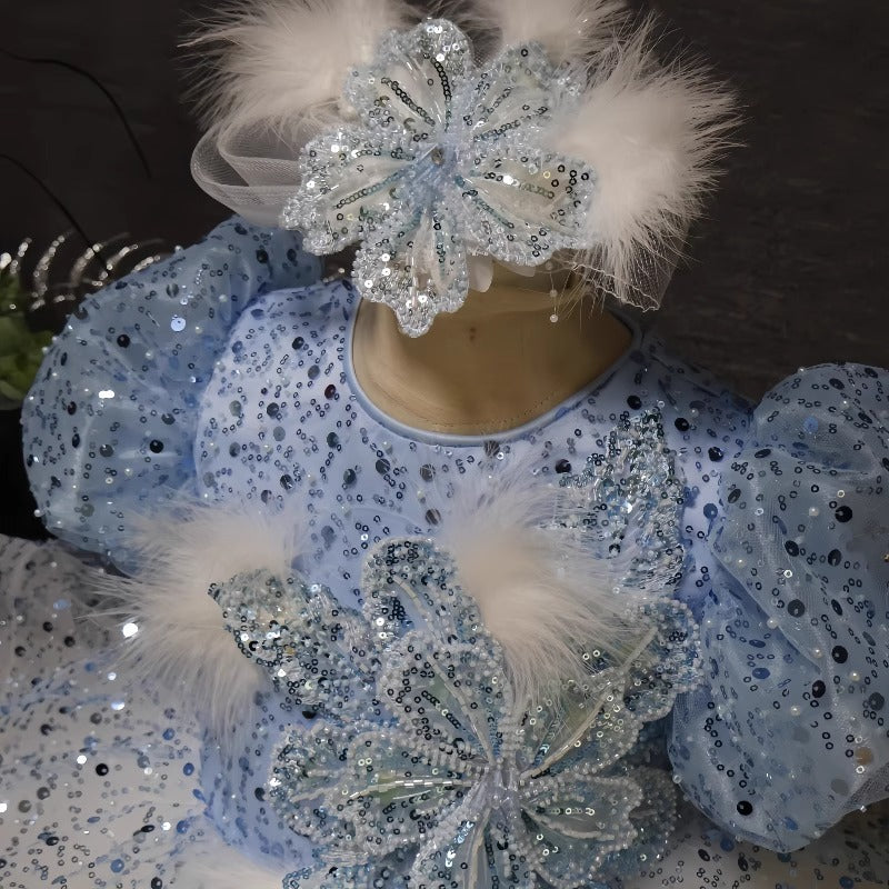 Girls Birthday Blue Dress Girls Party Puffy Princess Dress