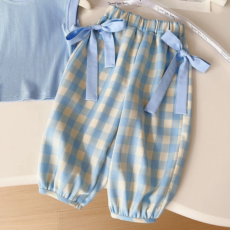 Girls Summer New Thin Top Plaid Pants Two-piece Suit