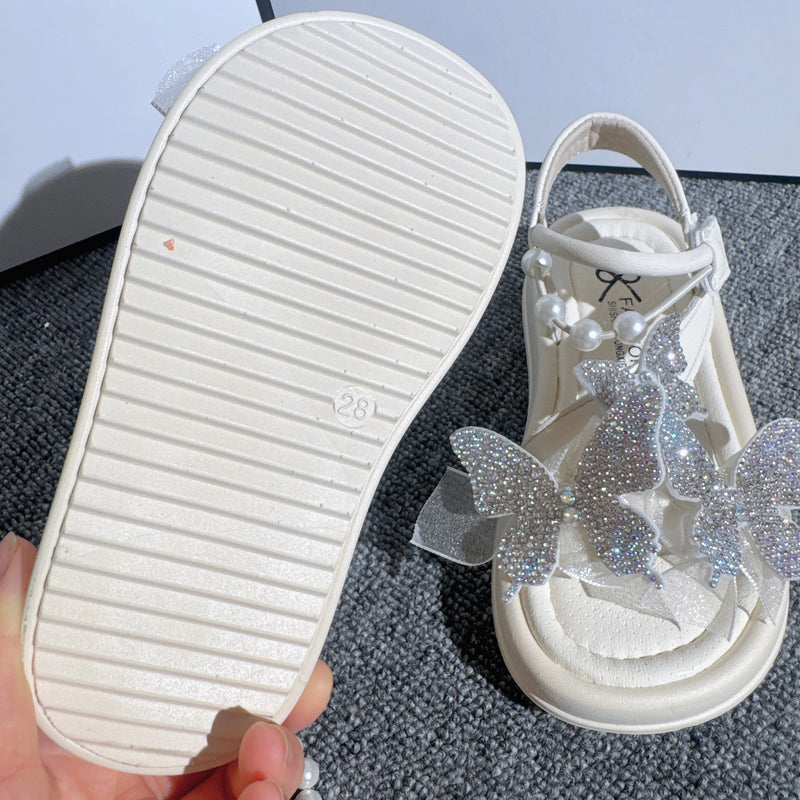 Girls Butterfly Sequins Sandals Summer Pearl Bow Princess Shoes