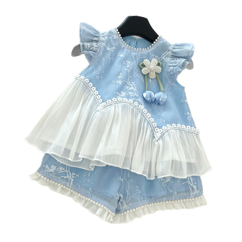 Girls Summer Fly Sleeve Color Block Top Lace Shorts Two-piece Set