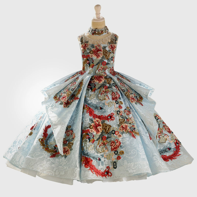 Girls Blue Beauty Pageant Dress Children's Birthday Princess Dress