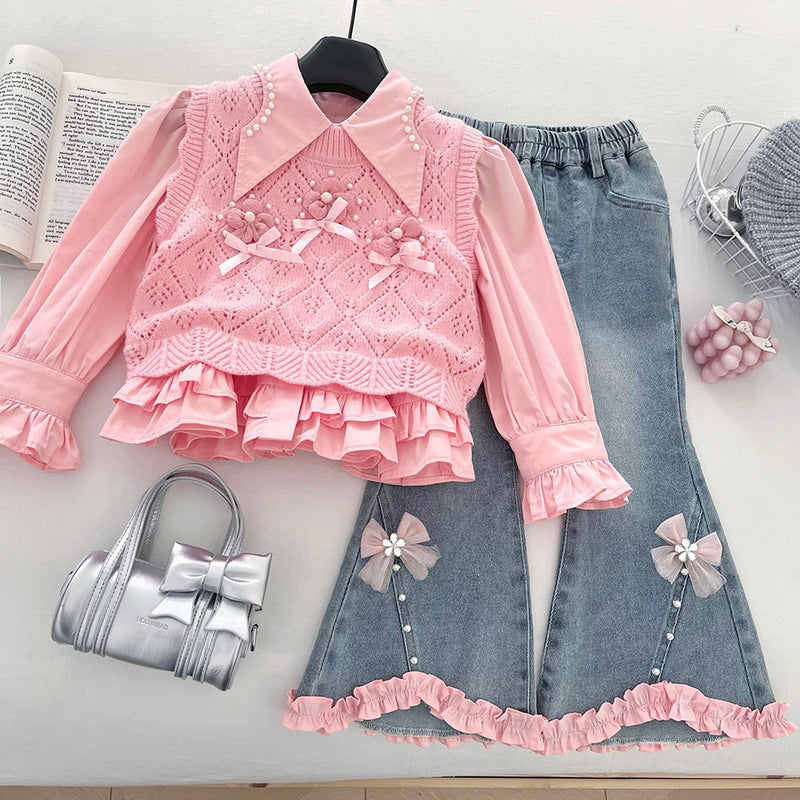 Girls' Autumn Love Vest Shirt Jeans Three-Piece Set