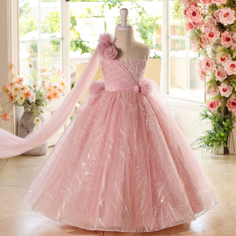 Girls Pink Birthday Dress Girls Elegant Prom Princess Dress