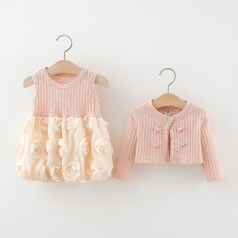 Girls Knitted Cardigan Rose Bud Princess Skirt Two-Piece Set