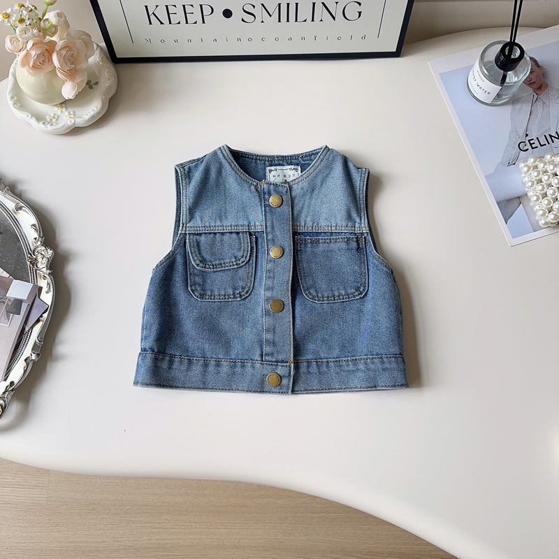 Girls Retro Denim Vest Pants Two-Piece Set
