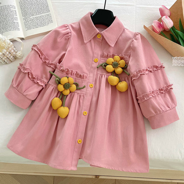 Girls New 3D Flower Long Sleeve Shirt Dress