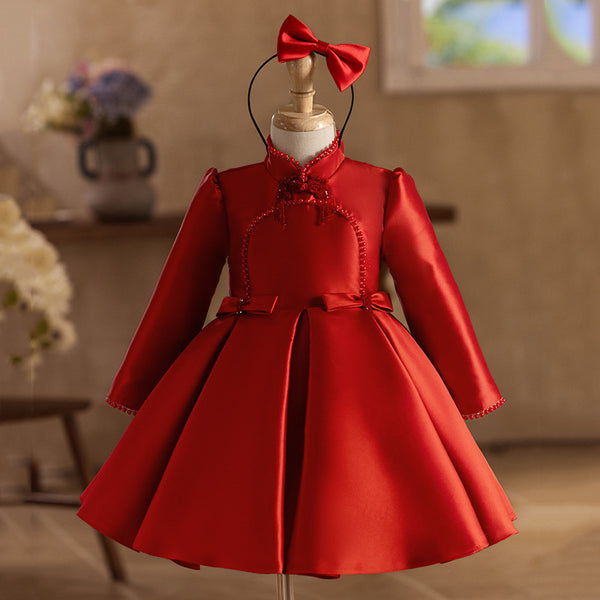 Children's Red Satin Dress Long Sleeve Birthday Dress