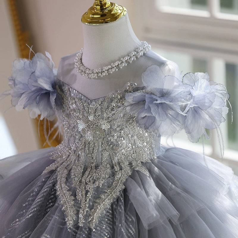 Girls Elegant Prom Princess Dress Girl Birthday Gray Dress