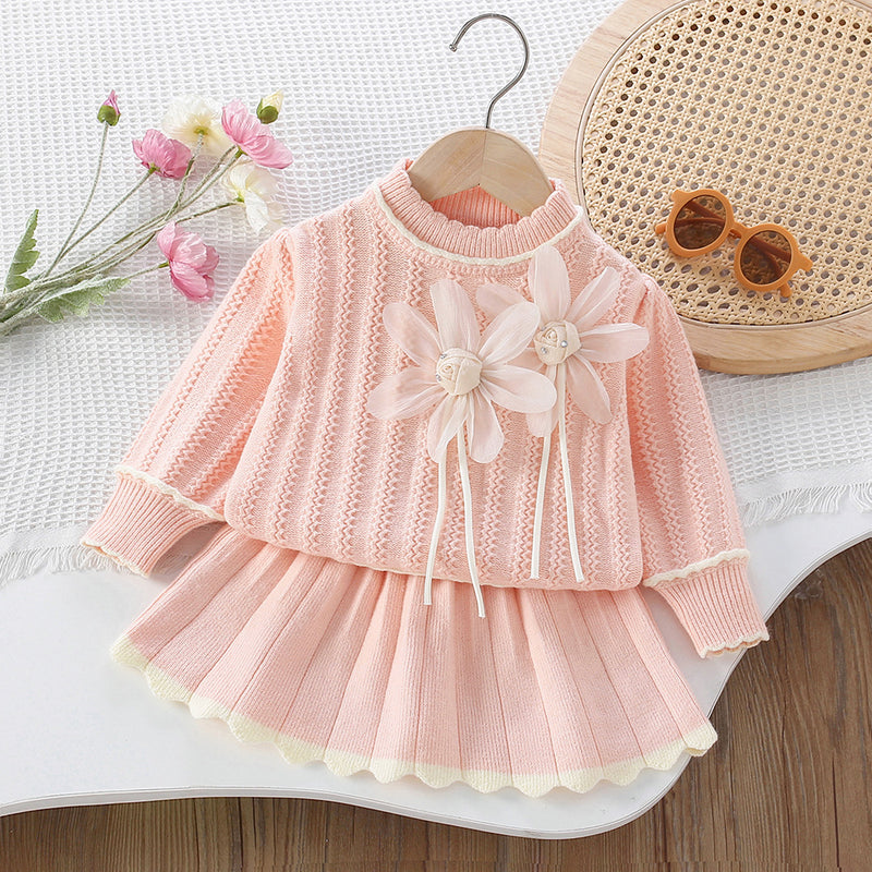 Girls' New 3D Flower Pullover Knitted Skirt Two-piece Suit