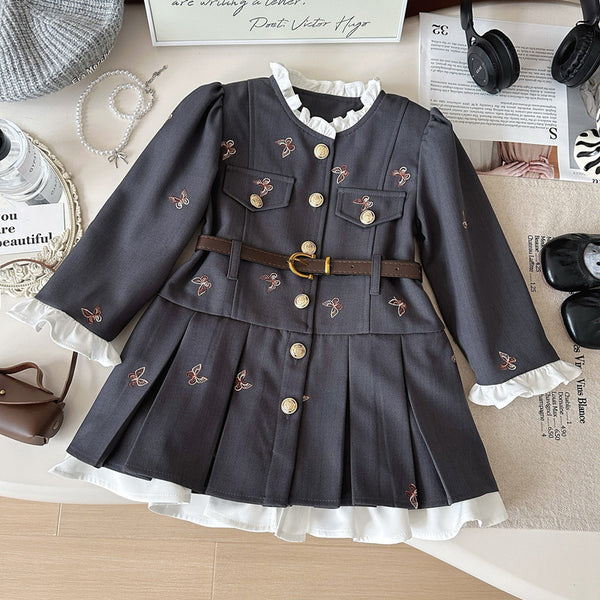 Girls' Autumn New Gray Lace Plaid Princess Dress