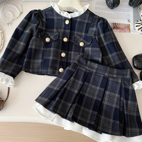 Girls' New Spring Plaid Jacket and Skirt Two-Piece Set