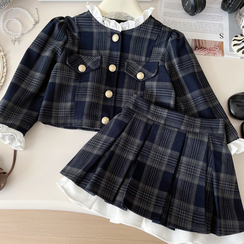 Girls' New Spring Plaid Jacket and Skirt Two-Piece Set