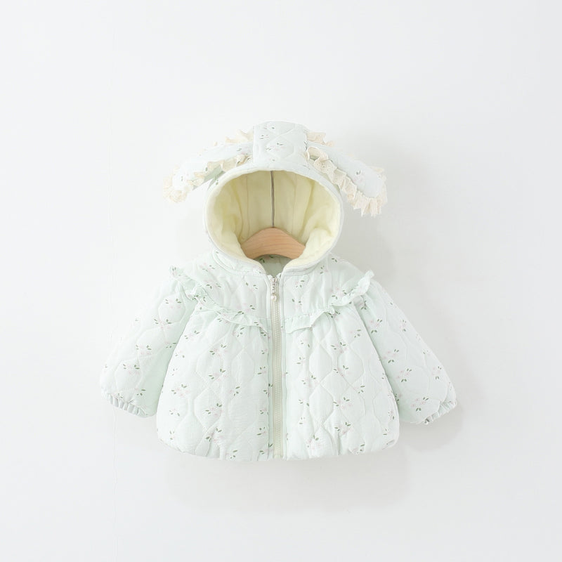 Girls' Winter Floral Print Bunny Ear Cotton Coat