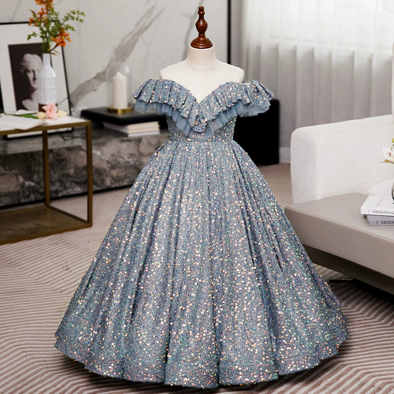 Ball Gown Kids Grey Dresses Girls Silver Sequin Dress Children Birthday Party Long Princess Ball Gown Kids Grey Dresses Girls Silver Sequin Dress Children Birthday Party Long Princess