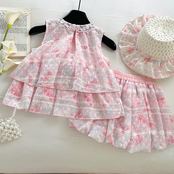 Summer Girls Sleeveless Vest Flower Bud Shorts Two-piece Set