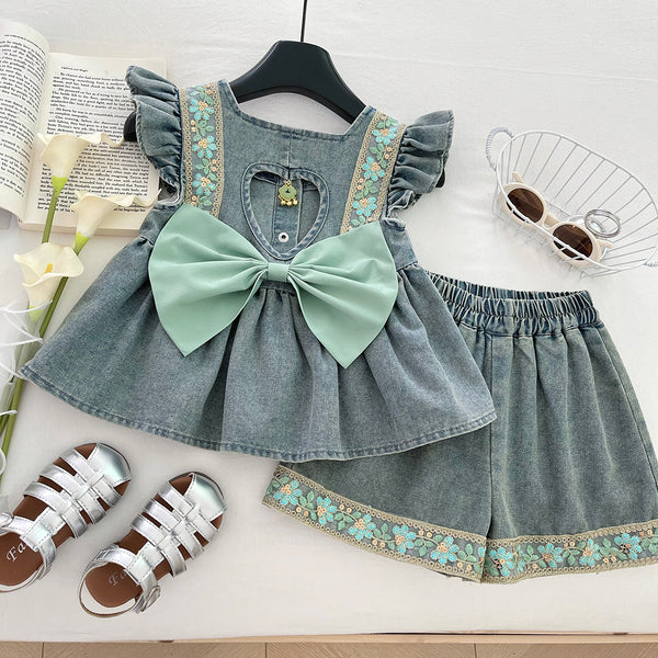 Girls' Summer Hollow Bow Denim Top and Shorts Two-piece Set