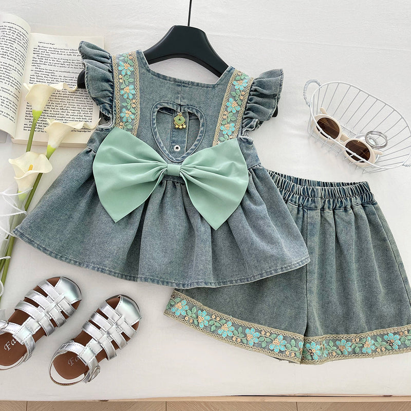 Girls' Summer Hollow Bow Denim Top and Shorts Two-piece Set