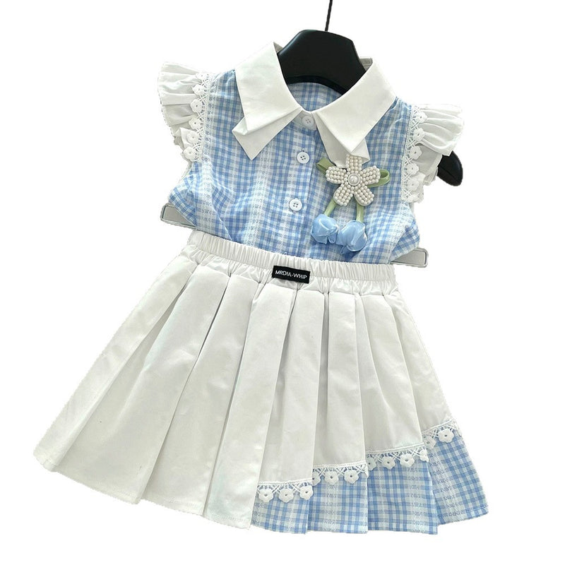 Girls Summer Plaid Flying Sleeve Shirt Pleated Skirt Two-piece Set