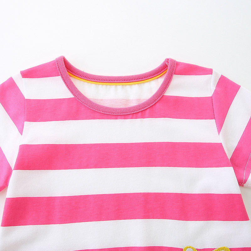 Girls Striped Round Neck Cartoon Embroidered Patch Princess Dress