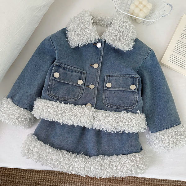 New Girls' Fur-lined Denim Jacket Skirt Two-Piece Set