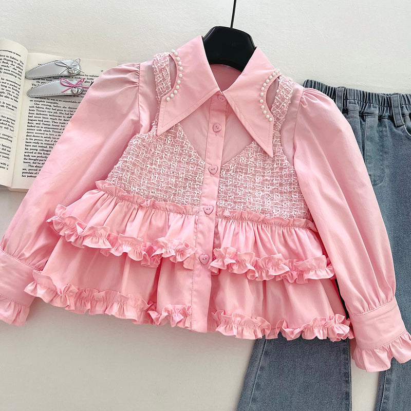 Girls' Fake Two-Piece Shirt Vest Lace Jeans Two-Piece Set