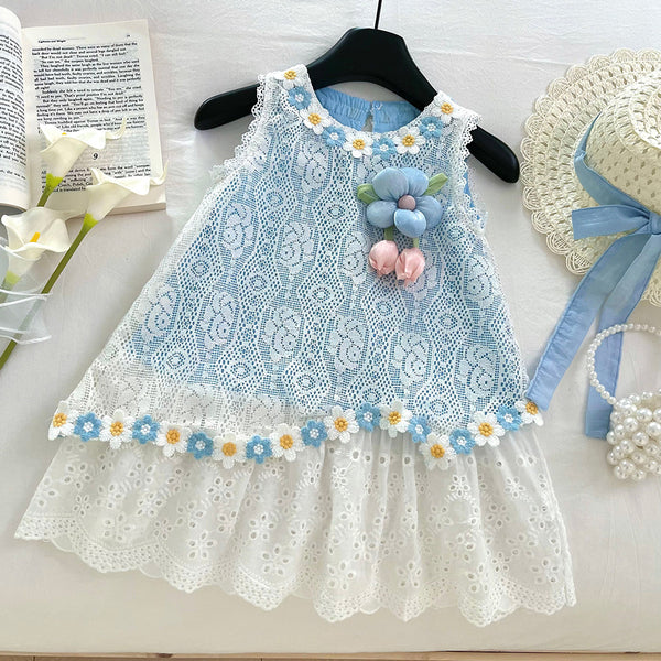 Girls' New Summer Sleeveless Flower Lace Splicing Princess Dress