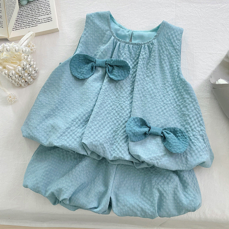 Summer New Girls Sleeveless Bow Vest Shorts Two-piece Suit
