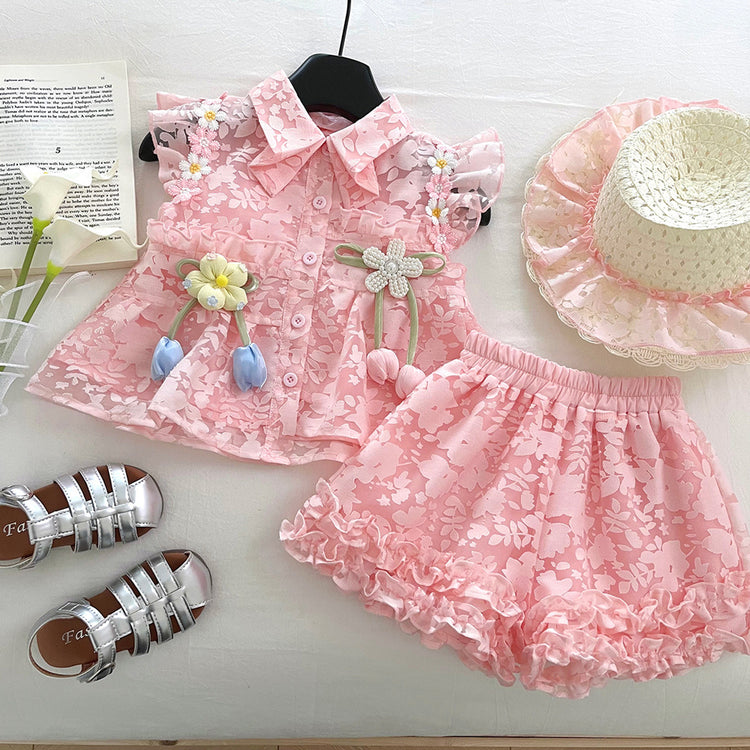 Summer Girls Pink Three-Dimensional Flower Suit Princess Style Backless Lace Shorts Two-Piece Suit