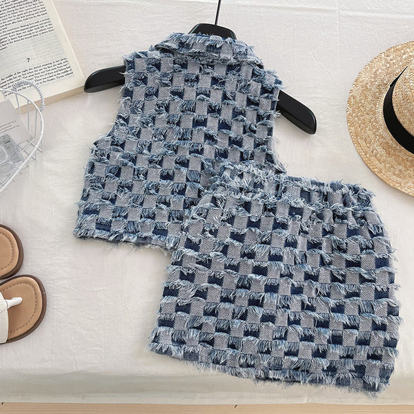 Girls Retro Plaid Vest Short Skirt Two-piece Set