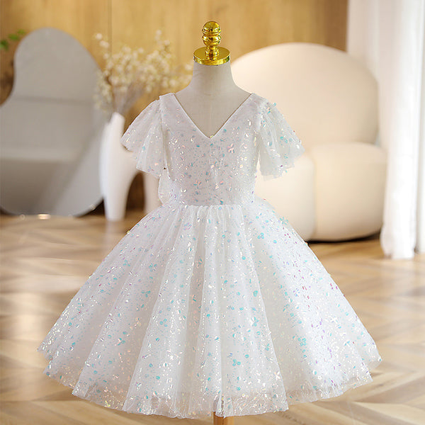 Elegant Baby Girls White Sequined Mesh Dress Toddler Flower Girl Dresses