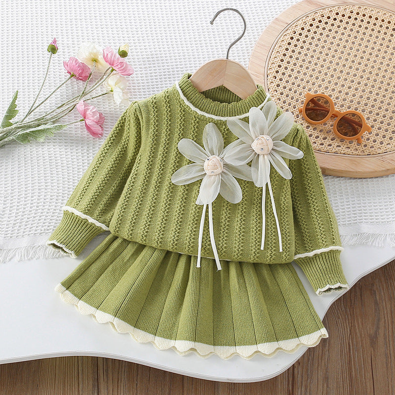 Girls' New 3D Flower Pullover Knitted Skirt Two-piece Suit