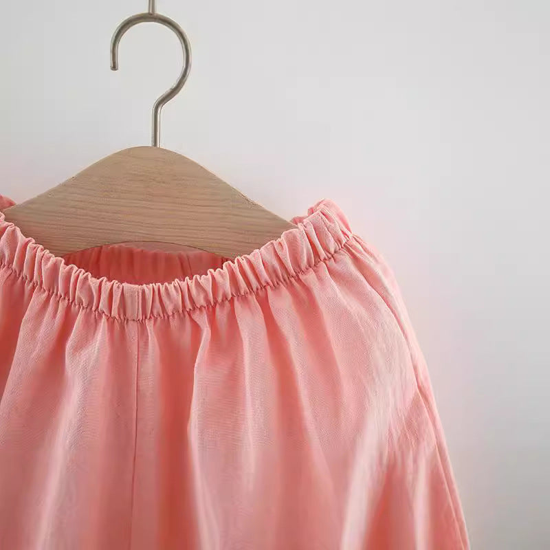 Summer Girls Solid Color Suspender Shorts Two Piece Set