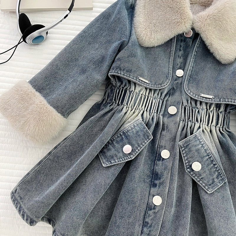 Girls' Winter Fleece-lined Slim-fit Denim Jacket Dress