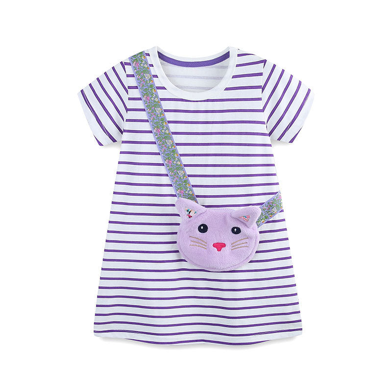 Children's Cartoon Cat Bag Girl Striped Princess Dress