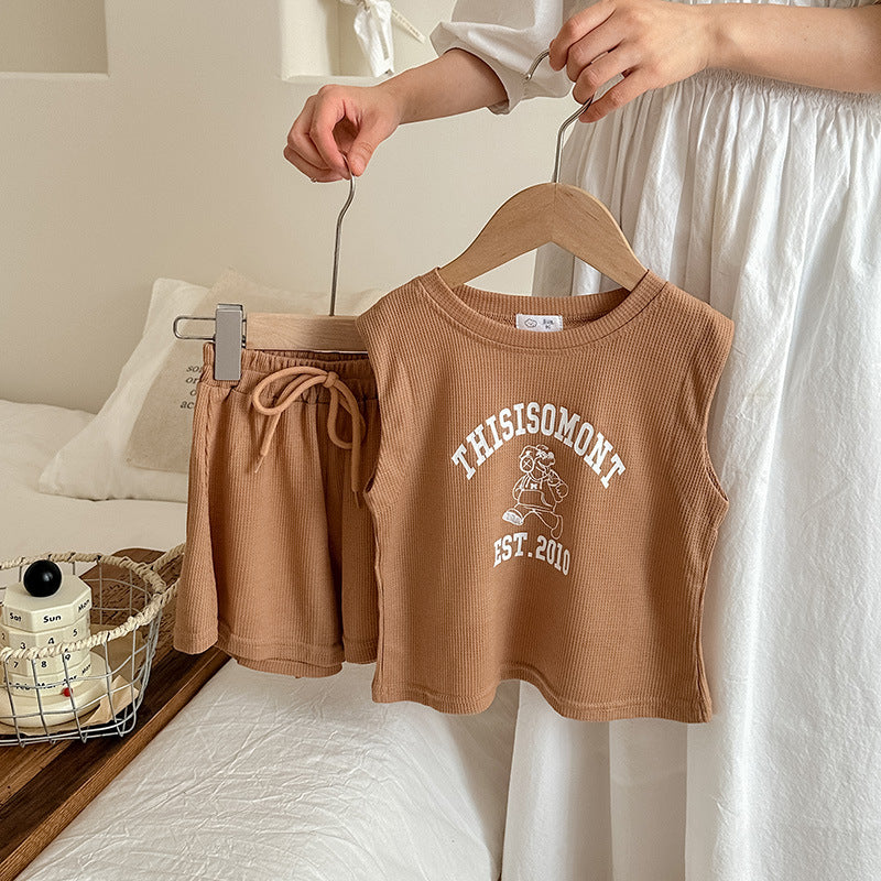 Girls Sleeveless Letter Printed Casual Waffle Two-Piece Suit