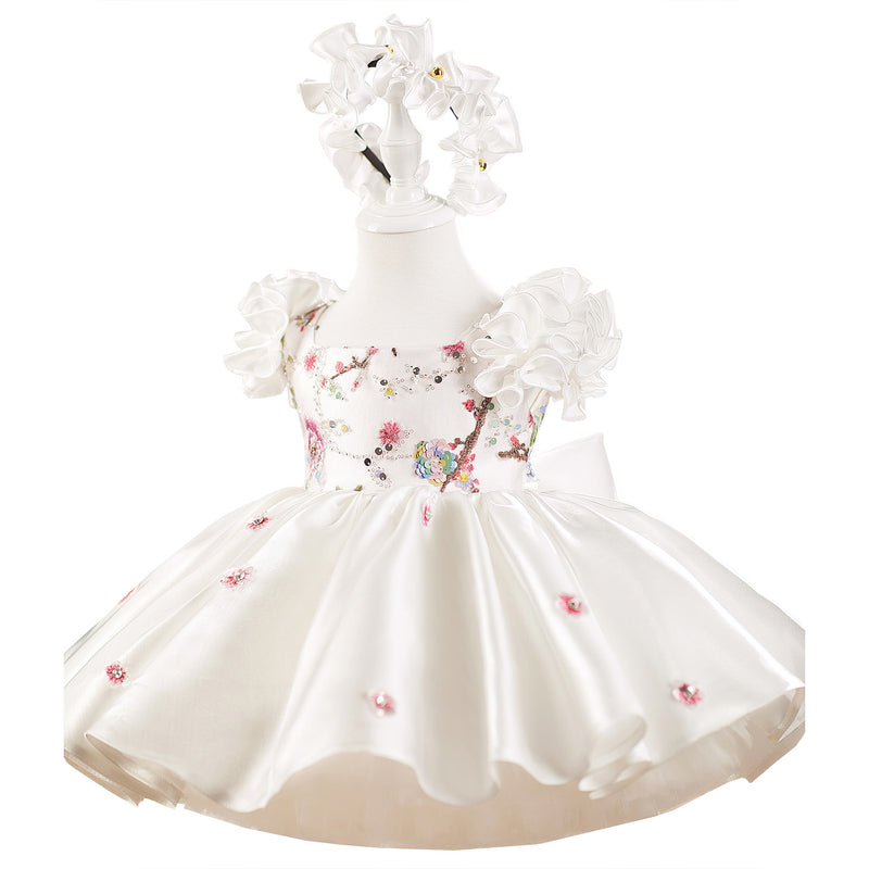Girls White Birthday Satin Dress Flower Girl Puffy Princess Dress