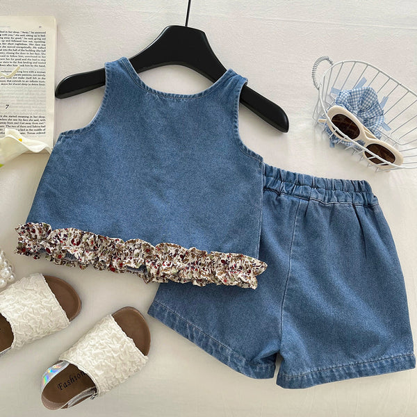 Girls Summer New Lace Soft Denim Vest Shorts Two-piece Set