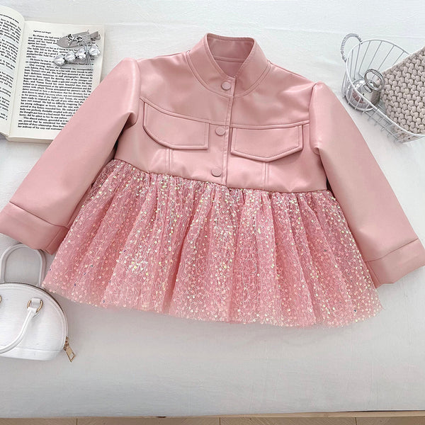 Girls' Autumn Sequined Mesh PU Leather Jacket