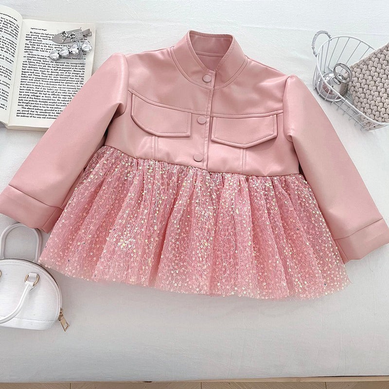 Girls' Autumn Sequined Mesh PU Leather Jacket