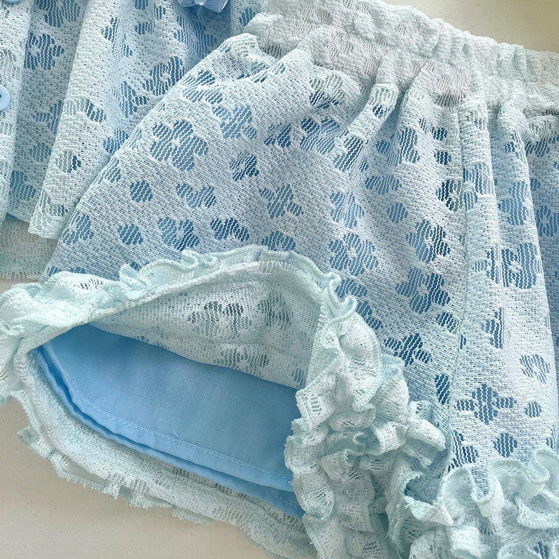 Girls Summer New Style Flying Sleeve Top Flower Lace Shorts Two-piece Set