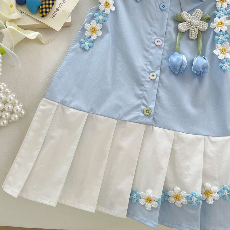 Girls Summer Flying Sleeve Flower Pleated Colorblock Princess Dress