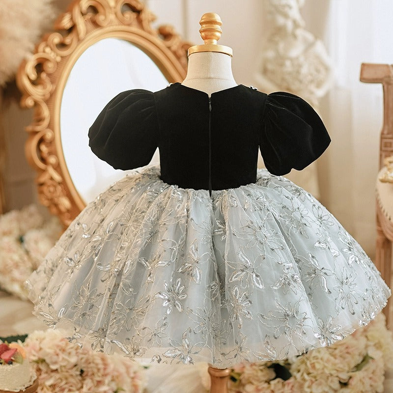 Cute Baby Girl Black Puff Sleeves Floral Fluffy Mesh Princess Dress Toddler First Communion Dress